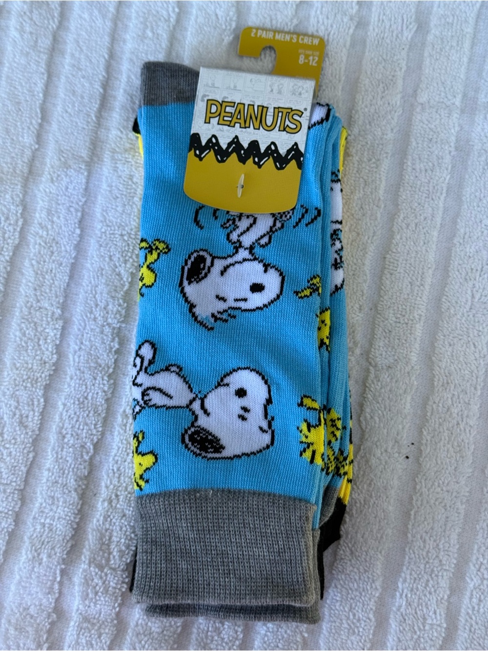 Peanuts Men's Crew Socks - Sky Blue Snoopy & Yellow Woodstock Print